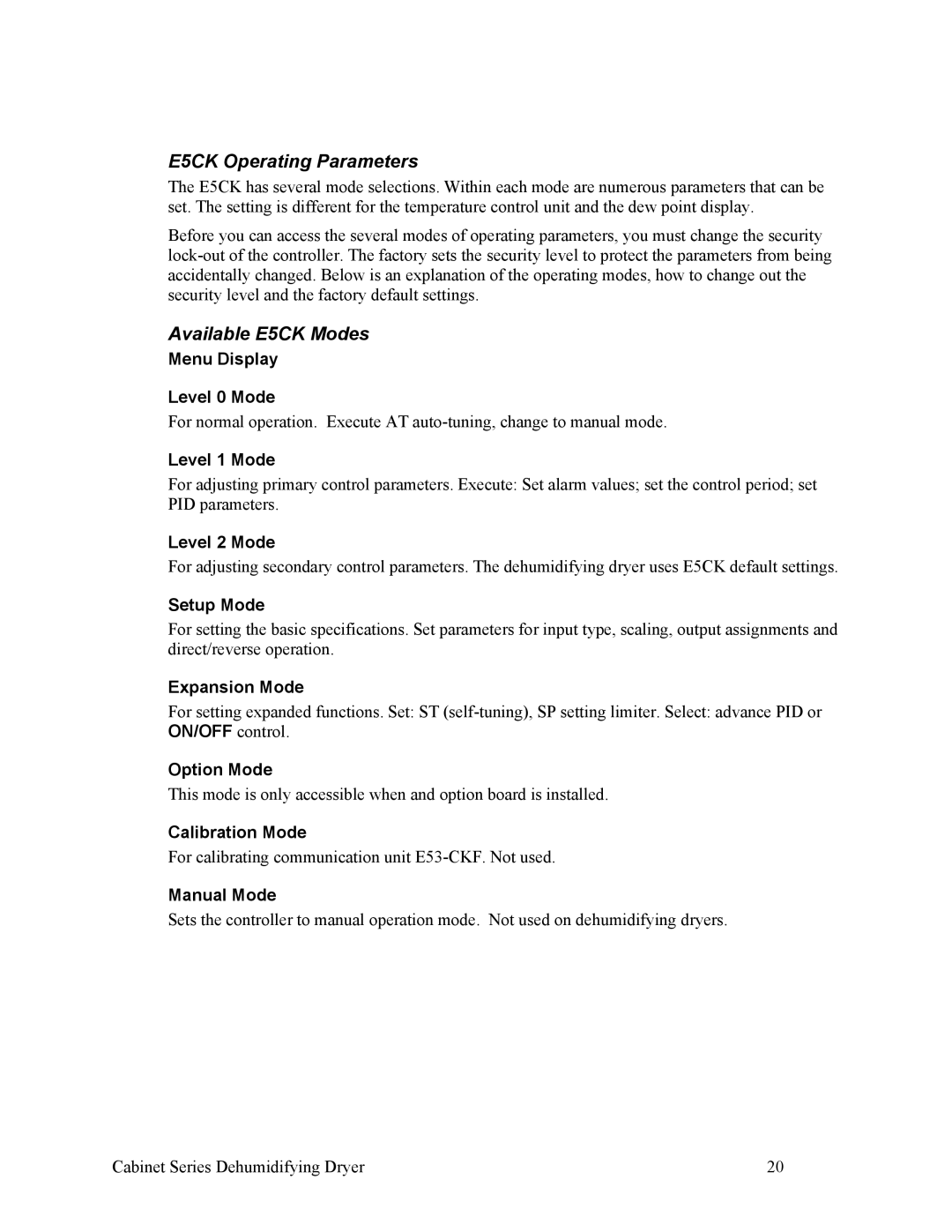 Sterling SDA 150-380, 90-225 CFM installation manual E5CK Operating Parameters, Available E5CK Modes 