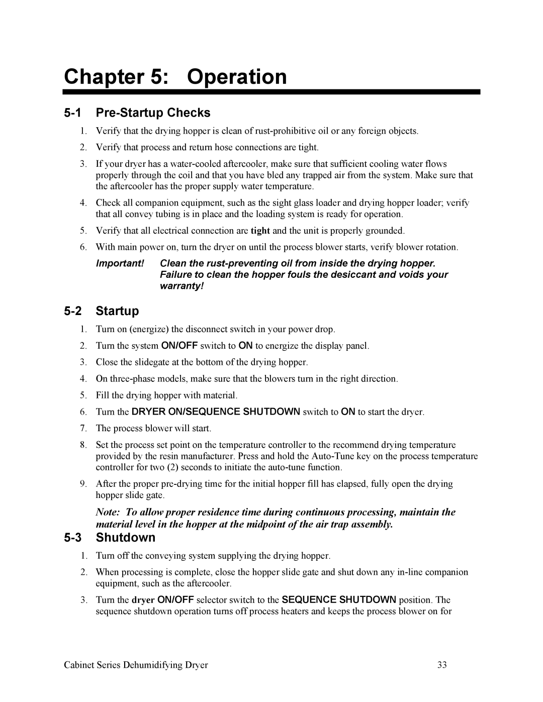 Sterling 90-225 CFM, SDA 150-380 installation manual Operation, Pre-Startup Checks, Shutdown 