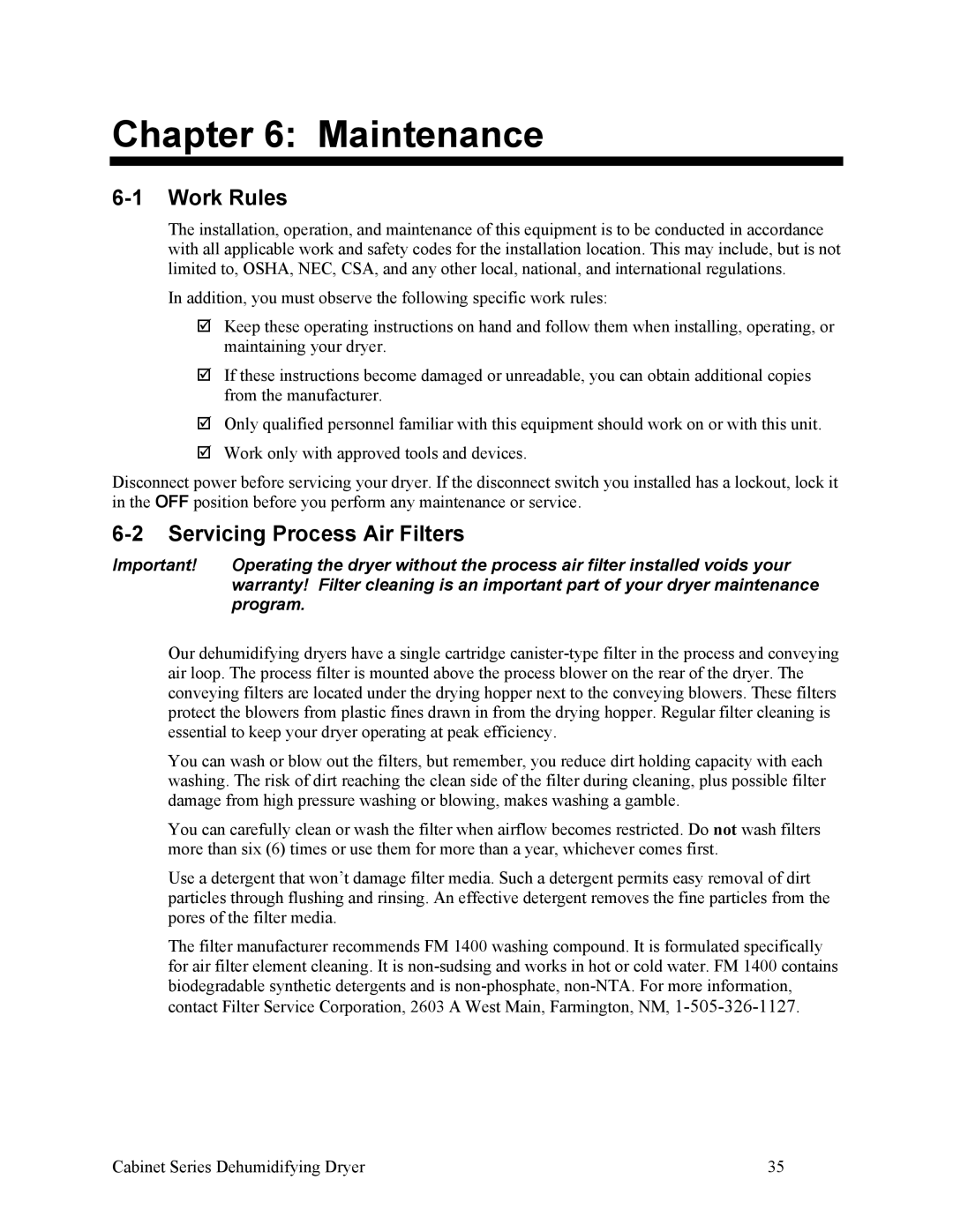 Sterling 90-225 CFM, SDA 150-380 installation manual Maintenance, Work Rules, Servicing Process Air Filters 