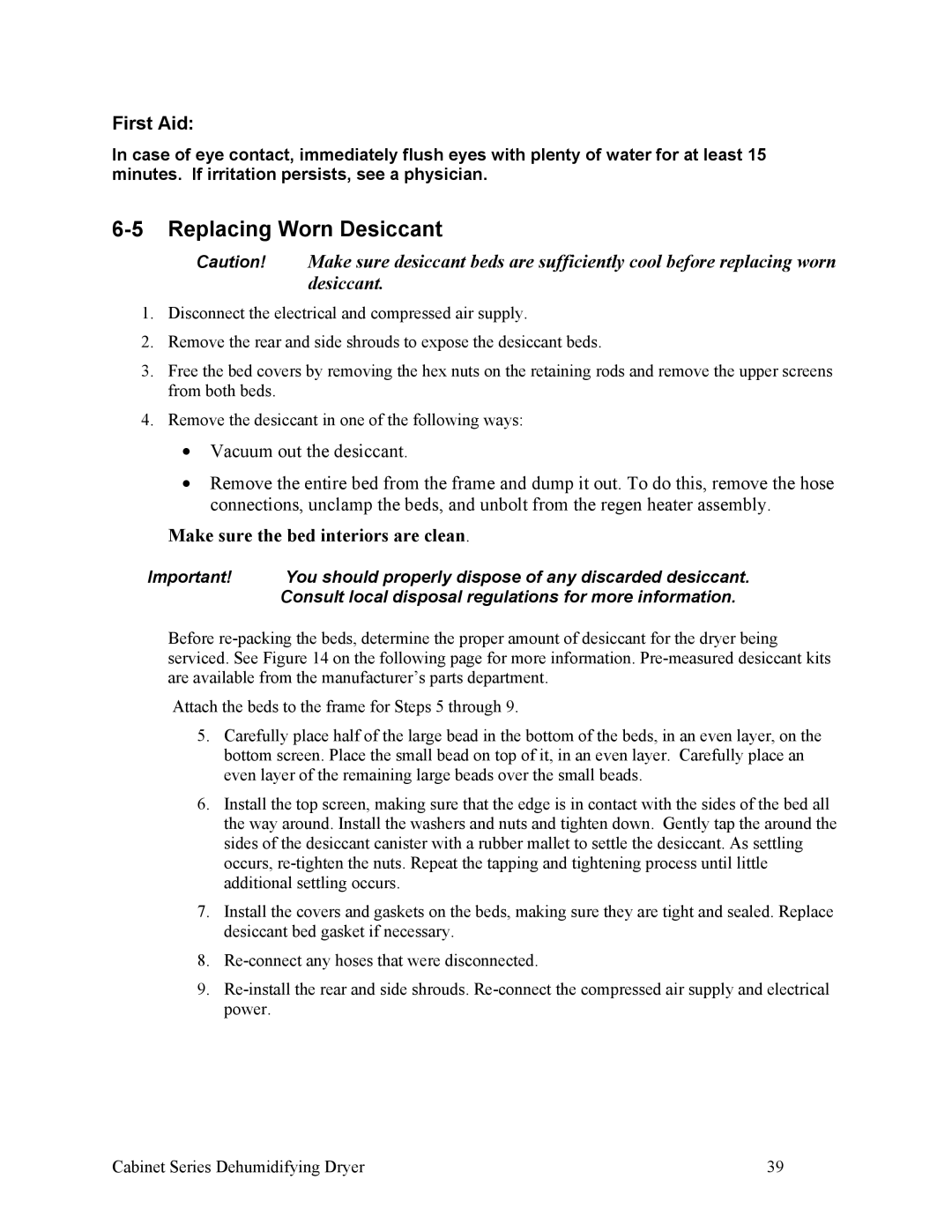 Sterling 90-225 CFM, SDA 150-380 installation manual Replacing Worn Desiccant, First Aid 