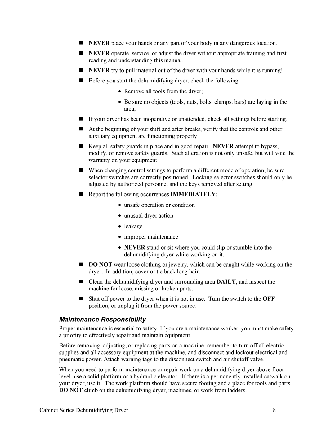 Sterling SDA 150-380, 90-225 CFM installation manual Maintenance Responsibility 