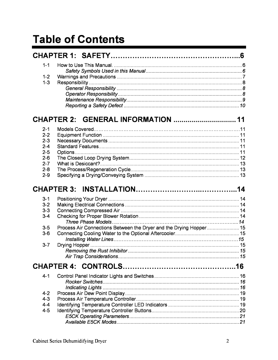 Sterling SDA 150-380 Table of Contents, SAFETY……………………………………………...6, General Information, CONTROLS………………………………………..16 