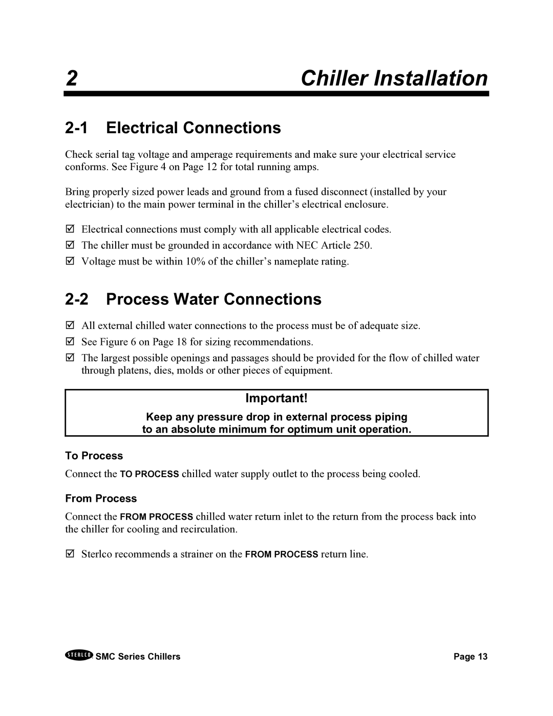 Sterling A0544325 installation manual Chiller Installation, Electrical Connections, Process Water Connections 