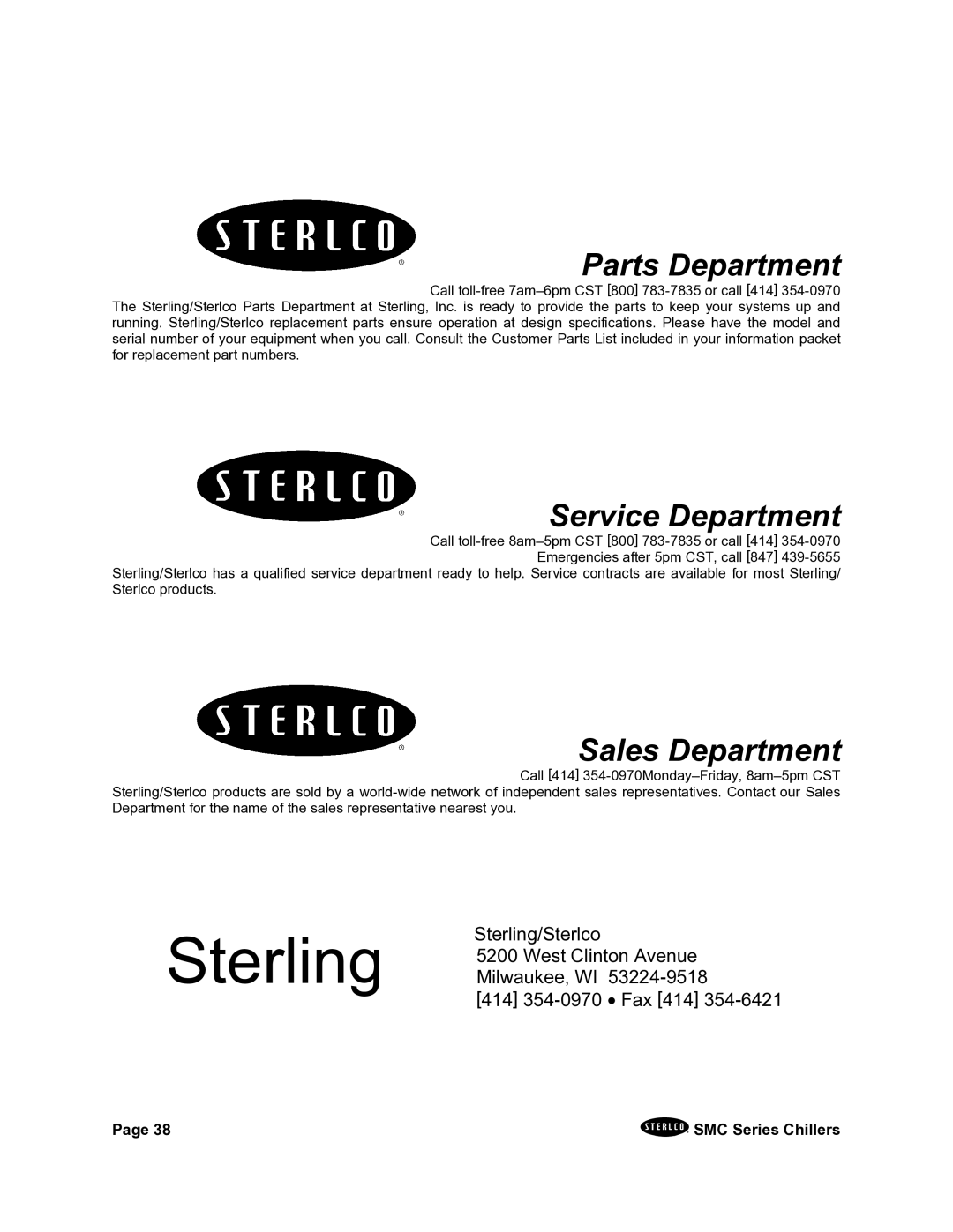 Sterling A0544325 installation manual Sterling/Sterlco, Milwaukee, WI, West Clinton Avenue 414 Fax 414 