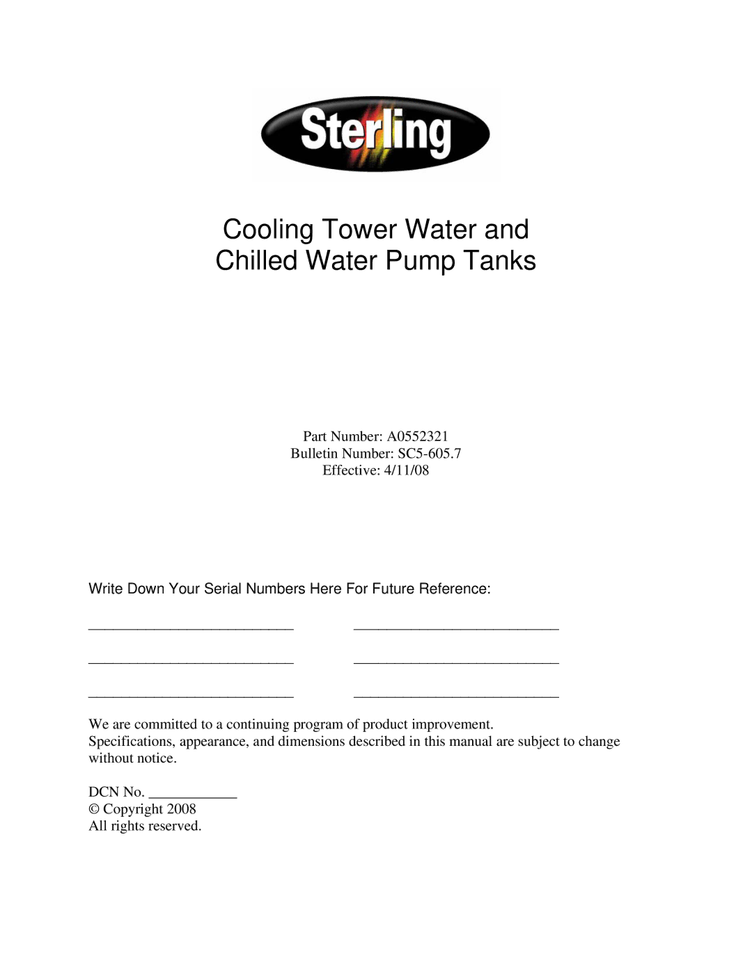 Sterling A0552321 specifications Cooling Tower Water Chilled Water Pump Tanks 