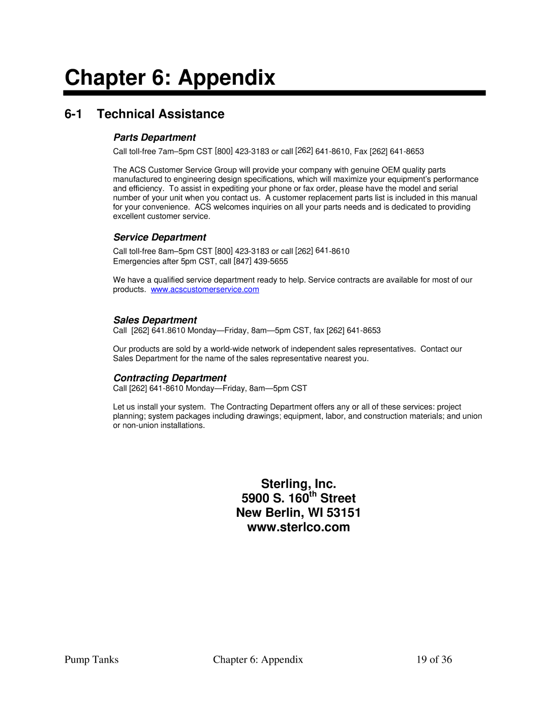 Sterling A0552321 specifications Appendix, Technical Assistance, Sterling, Inc Th Street New Berlin, WI 