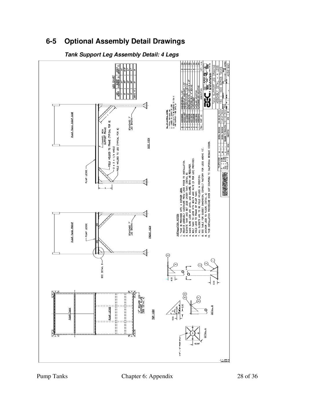 Sterling A0552321 specifications Optional Assembly Detail Drawings, Tank Support Leg Assembly Detail 4 Legs 