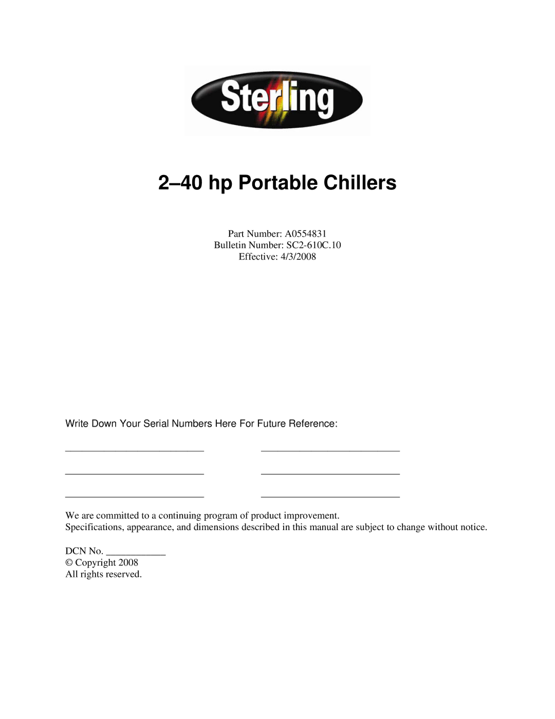 Sterling A0554831 manual Hp Portable Chillers 