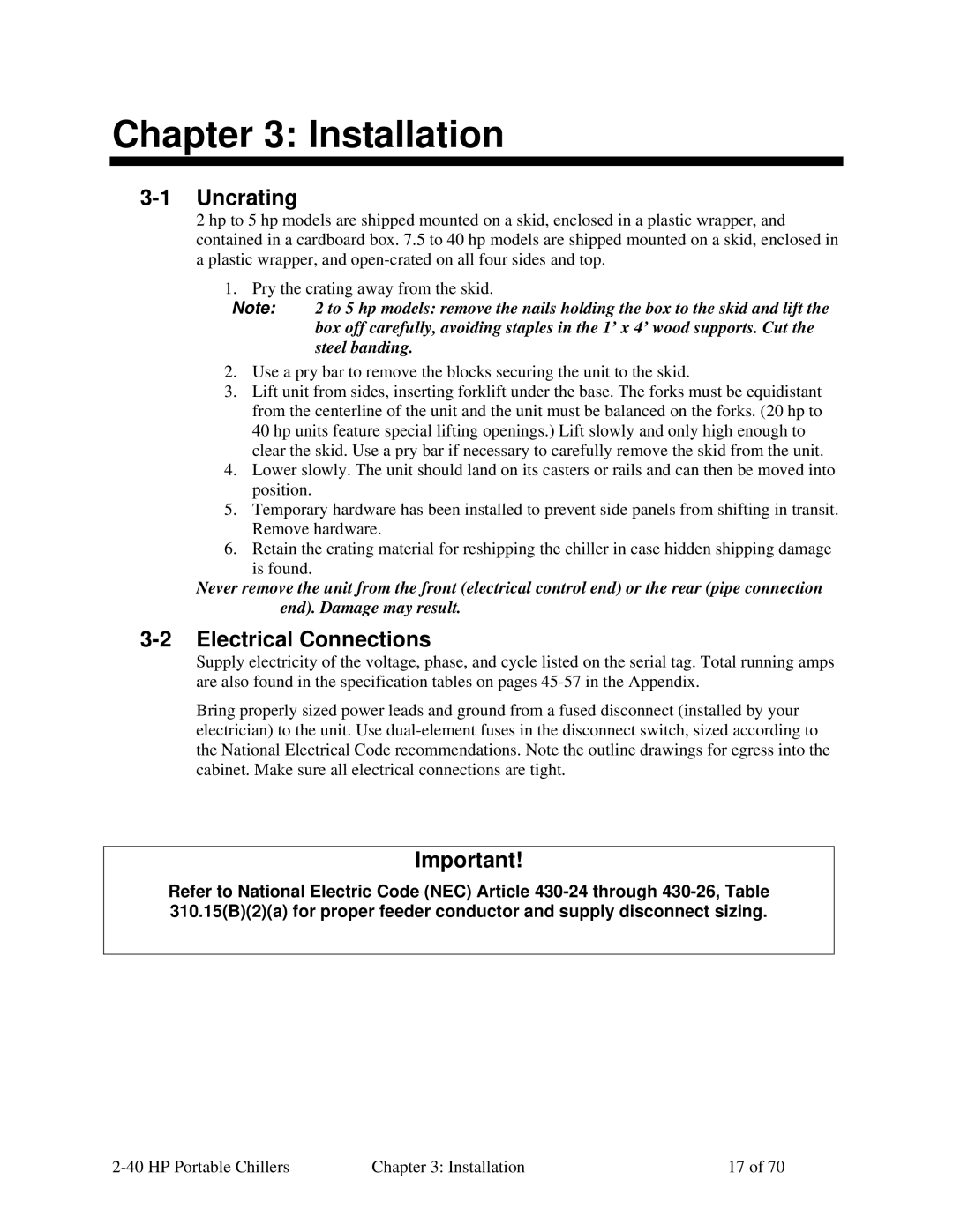 Sterling A0554831 manual Installation, Uncrating, Electrical Connections 