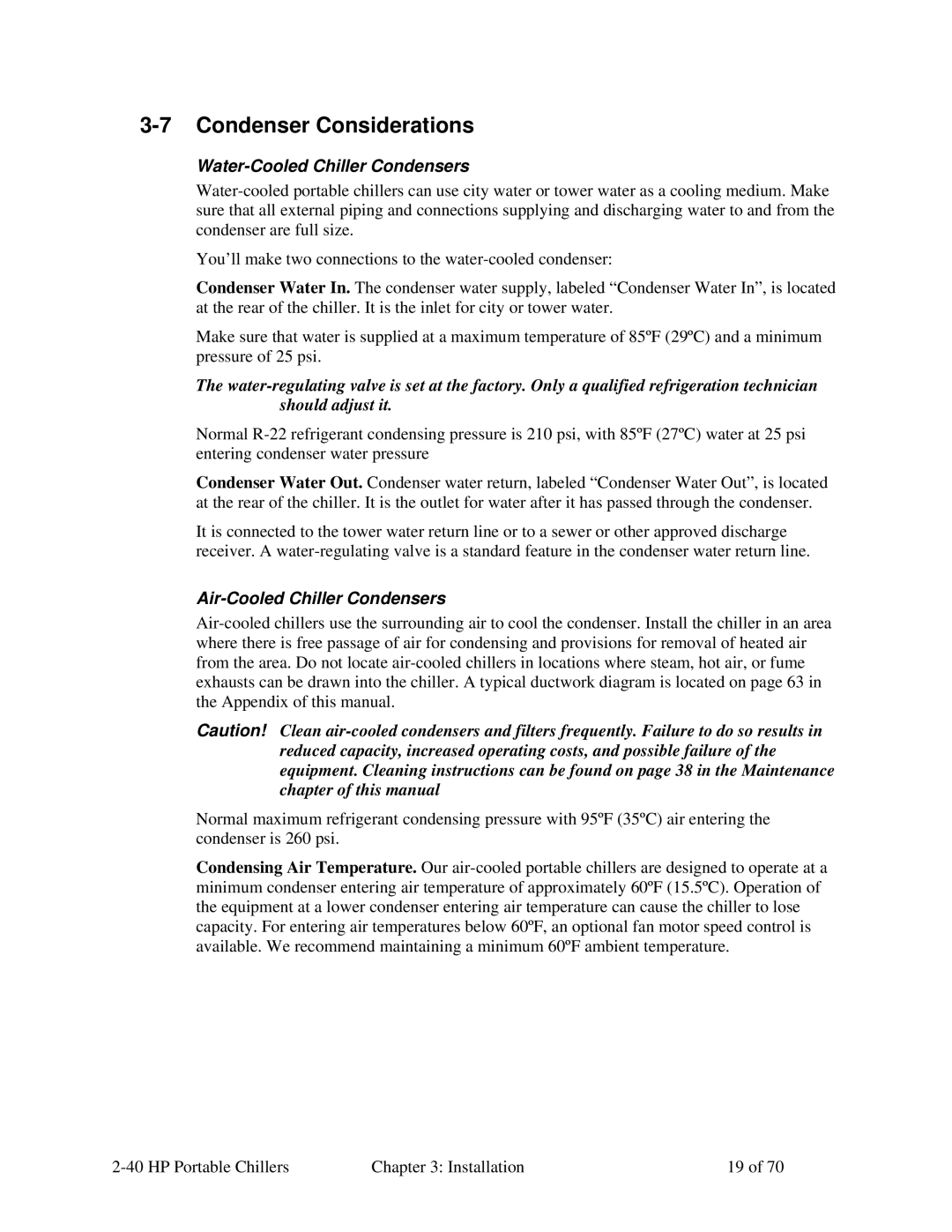 Sterling A0554831 manual Condenser Considerations, Water-Cooled Chiller Condensers, Air-Cooled Chiller Condensers 