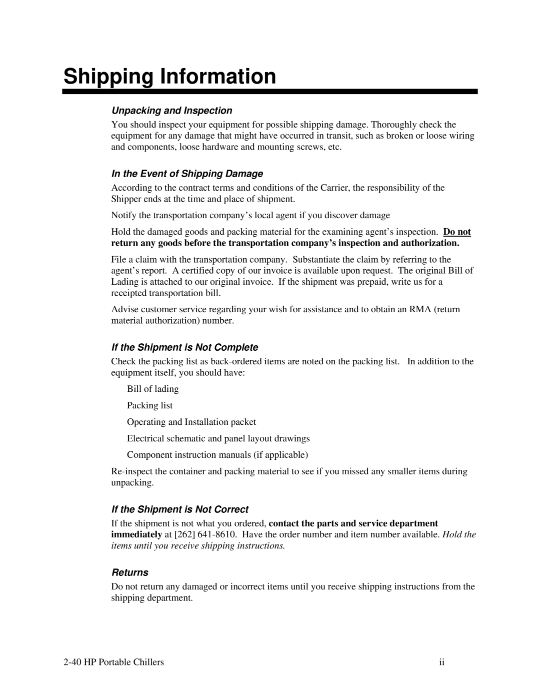 Sterling A0554831 manual Shipping Information 