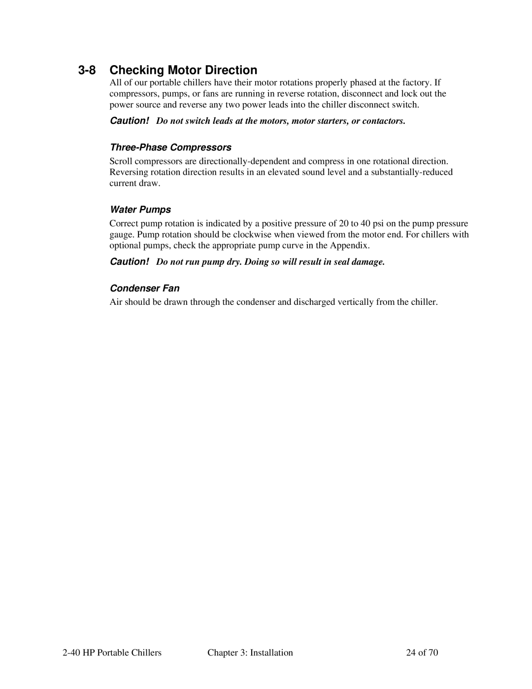 Sterling A0554831 manual Checking Motor Direction, Three-Phase Compressors, Water Pumps, Condenser Fan 