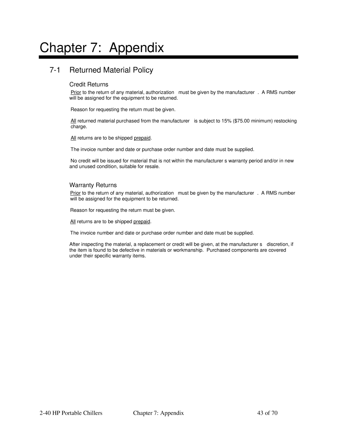 Sterling A0554831 manual Appendix, Returned Material Policy, Credit Returns, Warranty Returns 