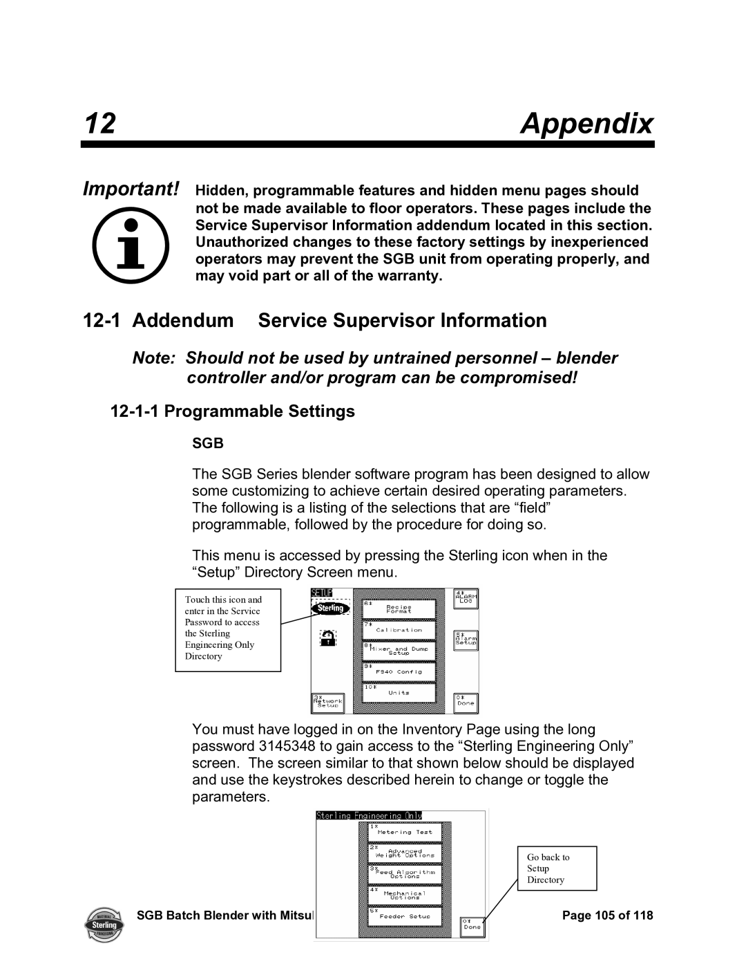 Sterling A0567659 manual 12Appendix, Addendum Service Supervisor Information, Programmable Settings 