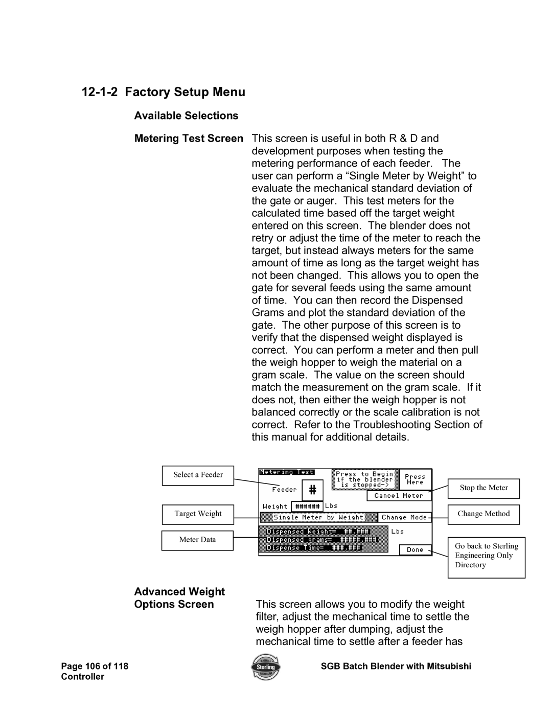 Sterling A0567659 manual Factory Setup Menu, Available Selections, Advanced Weight 