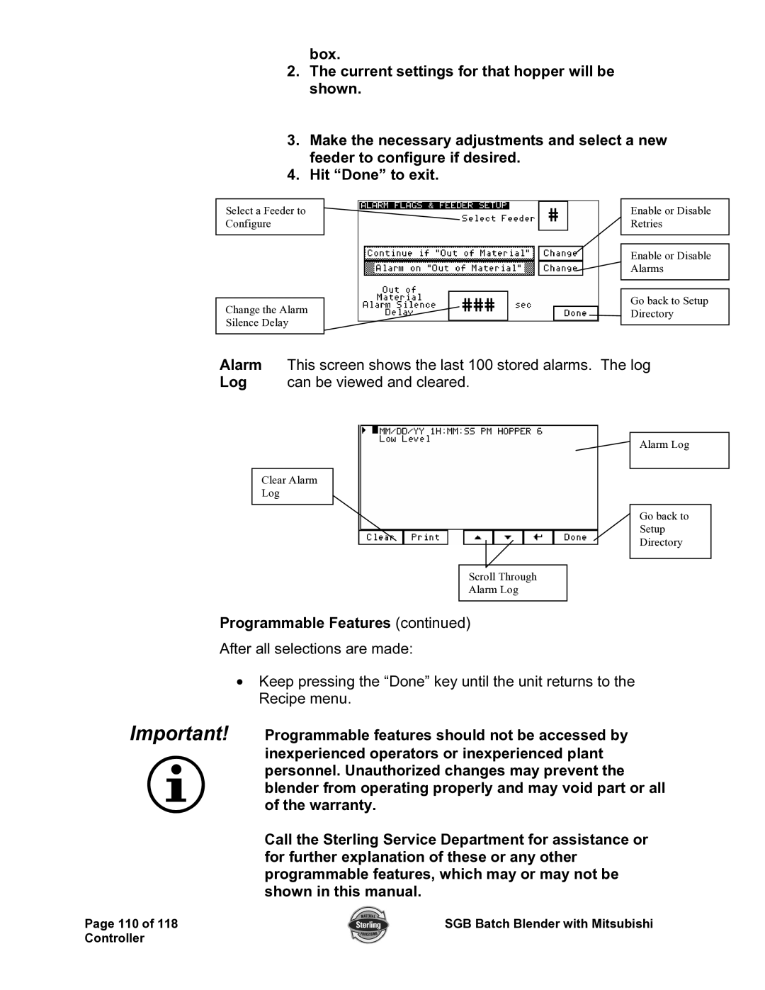 Sterling A0567659 manual Programmable Features 