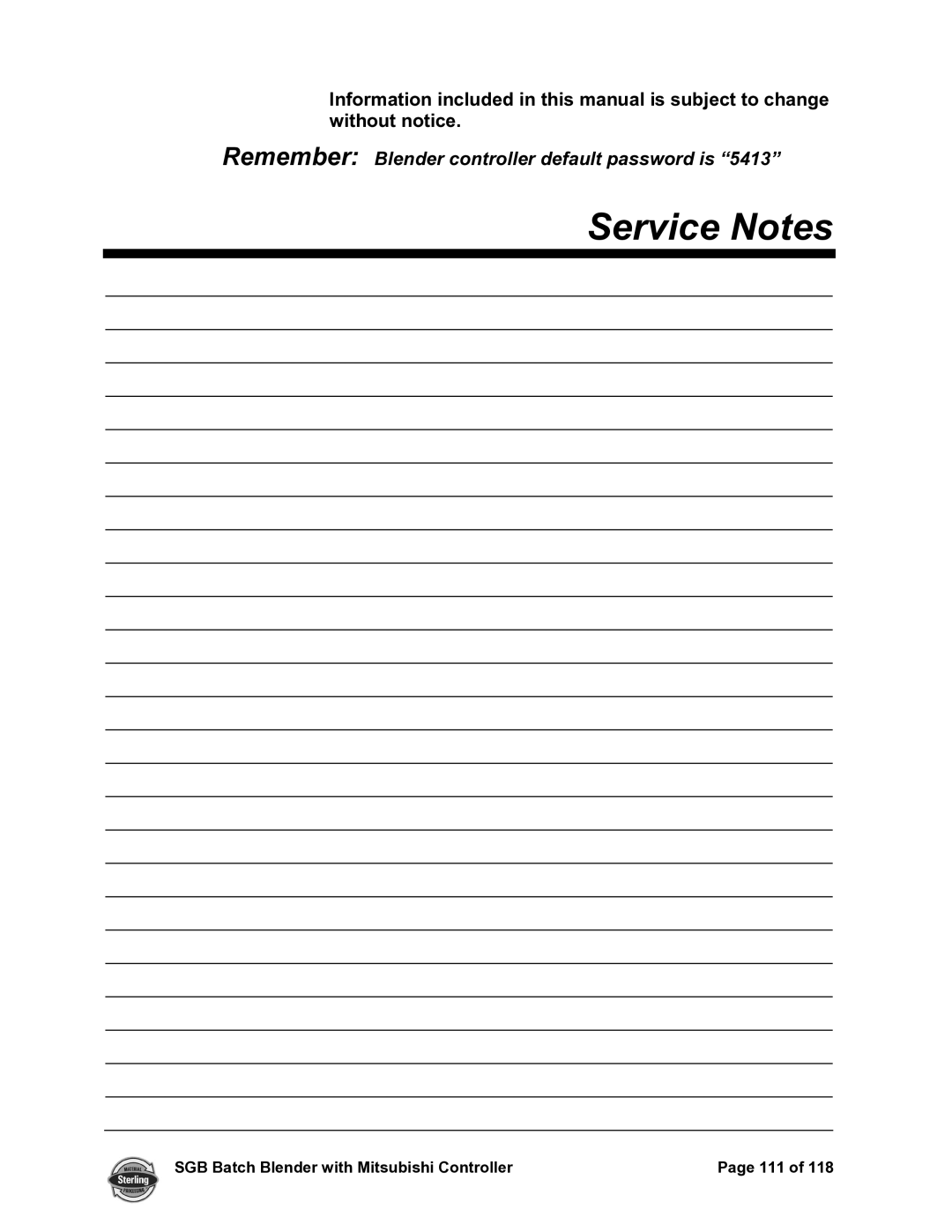 Sterling A0567659 manual Service Notes 