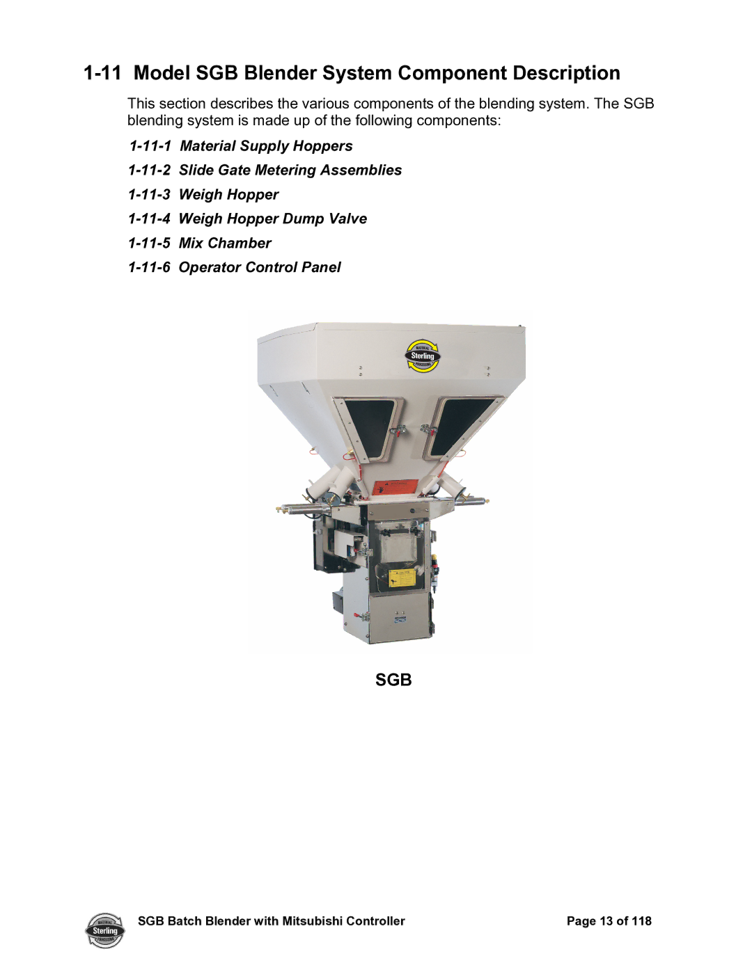 Sterling A0567659 manual Model SGB Blender System Component Description, Sgb 