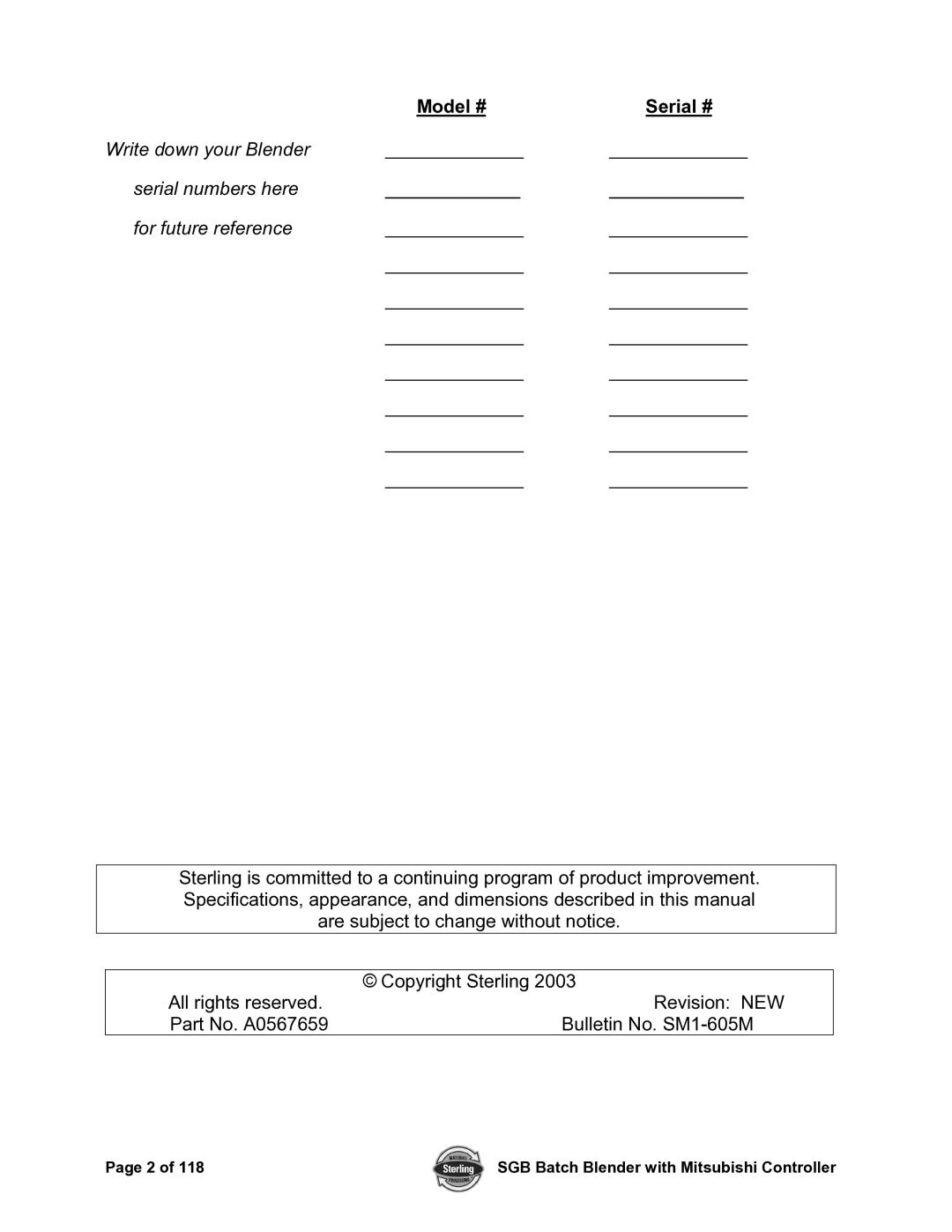 Sterling A0567659 manual Model # Serial # 