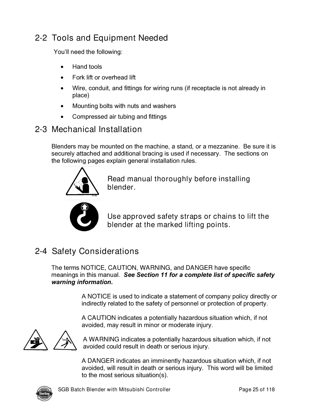 Sterling A0567659 manual Tools and Equipment Needed, Mechanical Installation, Safety Considerations 