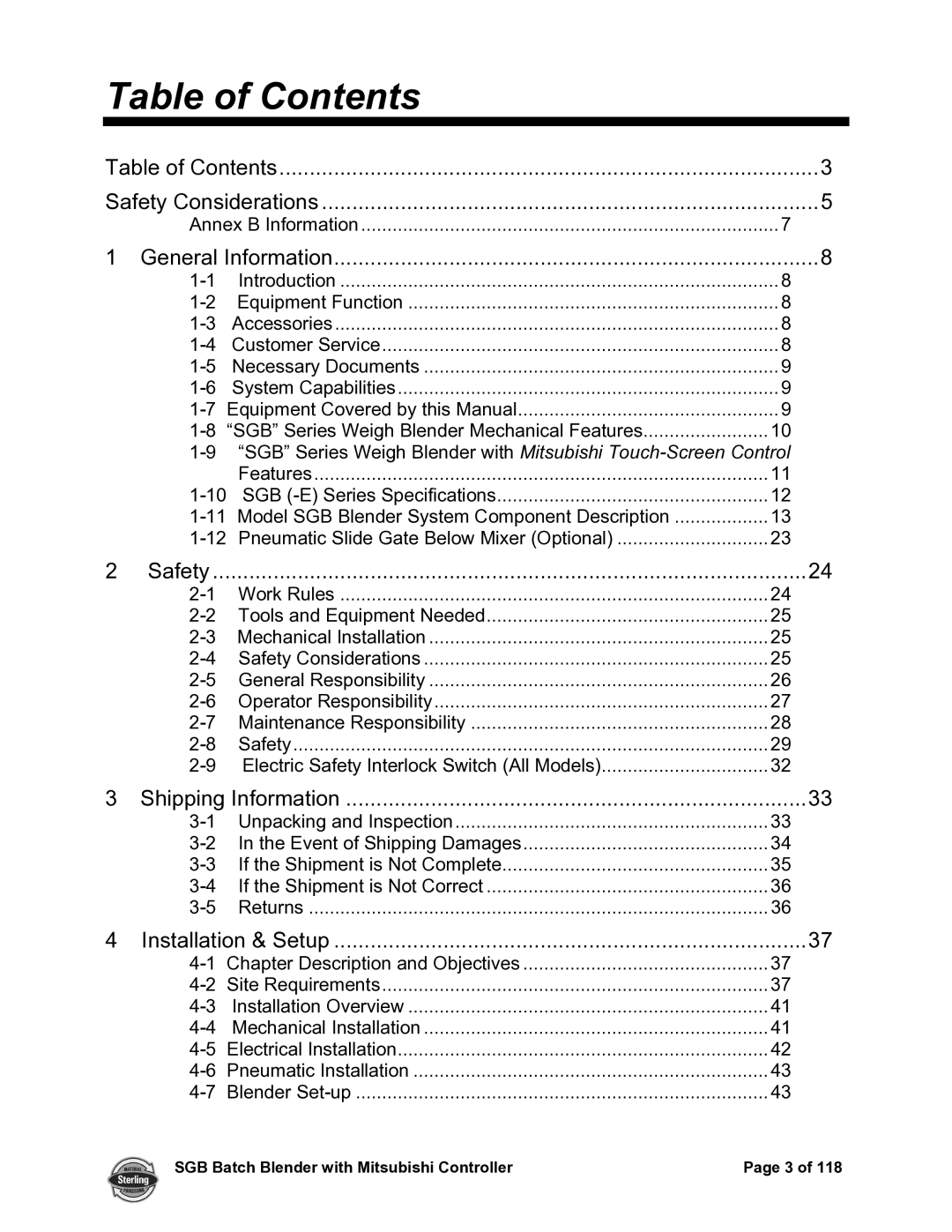 Sterling A0567659 manual Table of Contents 