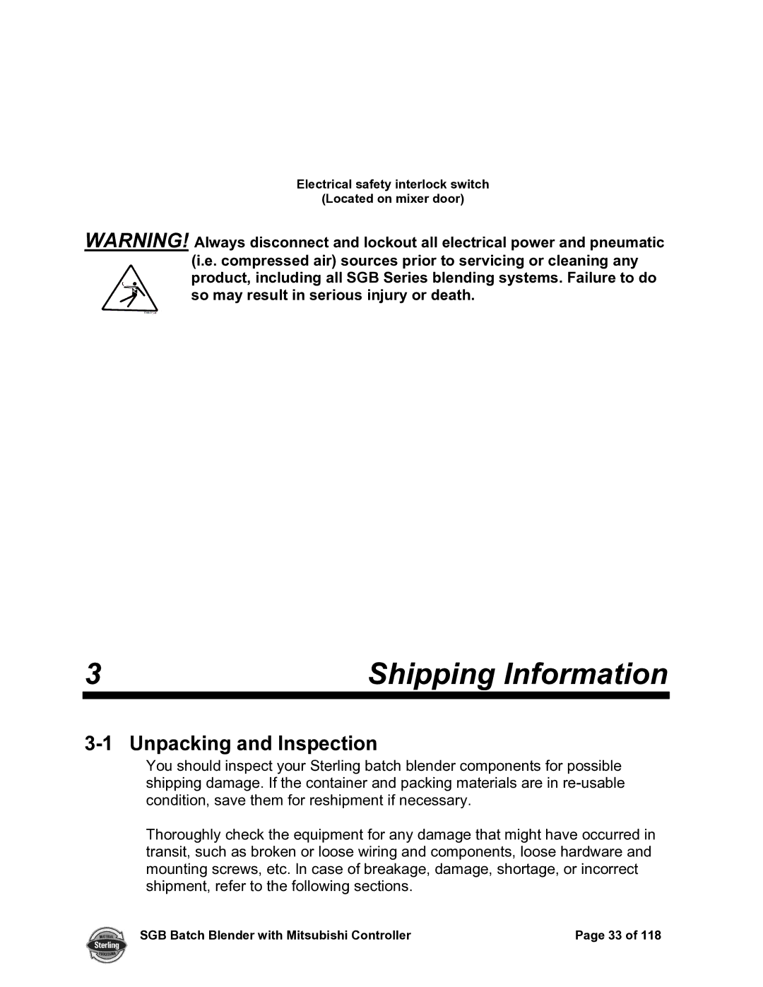 Sterling A0567659 manual Shipping Information, Unpacking and Inspection 