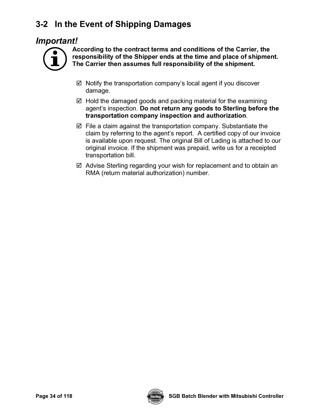 Sterling A0567659 manual Event of Shipping Damages 