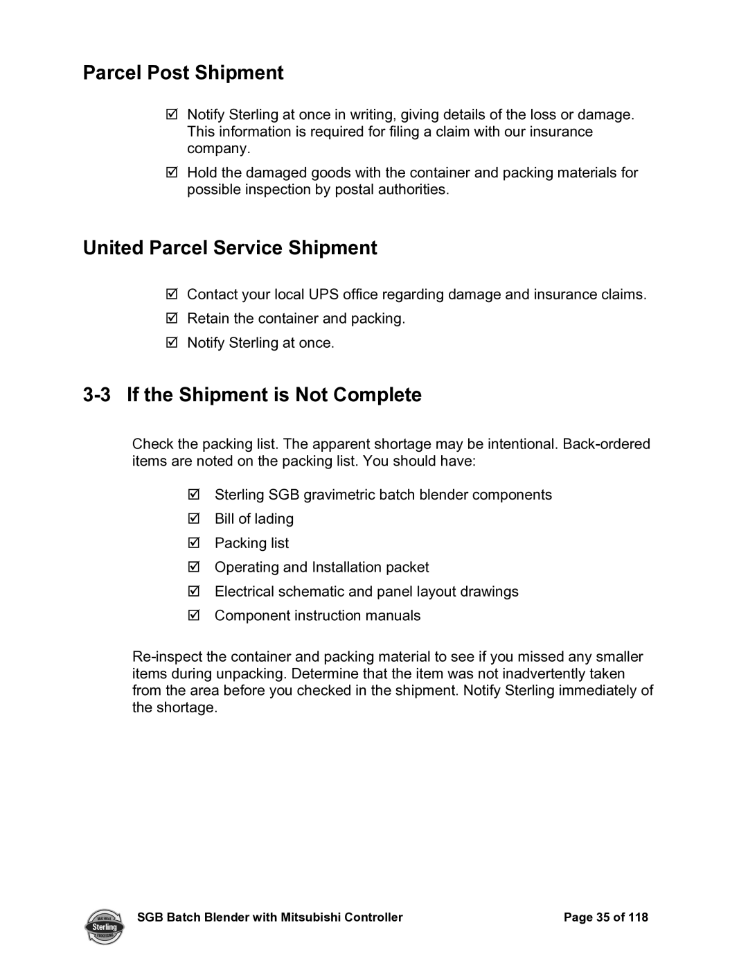 Sterling A0567659 manual Parcel Post Shipment, United Parcel Service Shipment, If the Shipment is Not Complete 