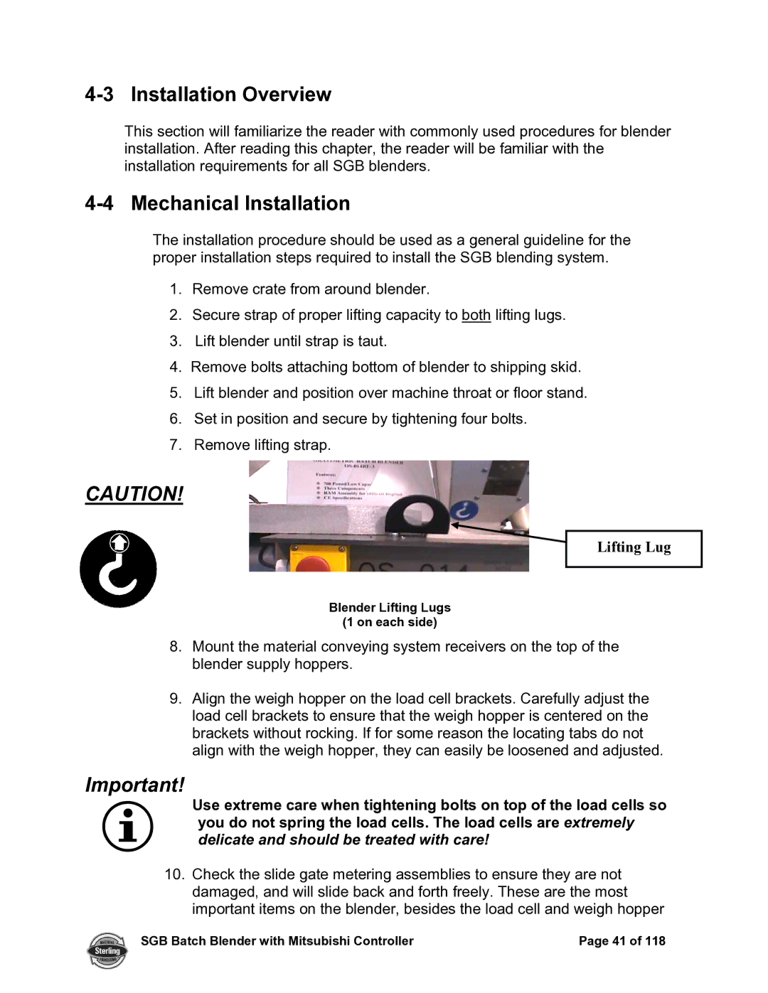 Sterling A0567659 manual Installation Overview, Lifting Lug 