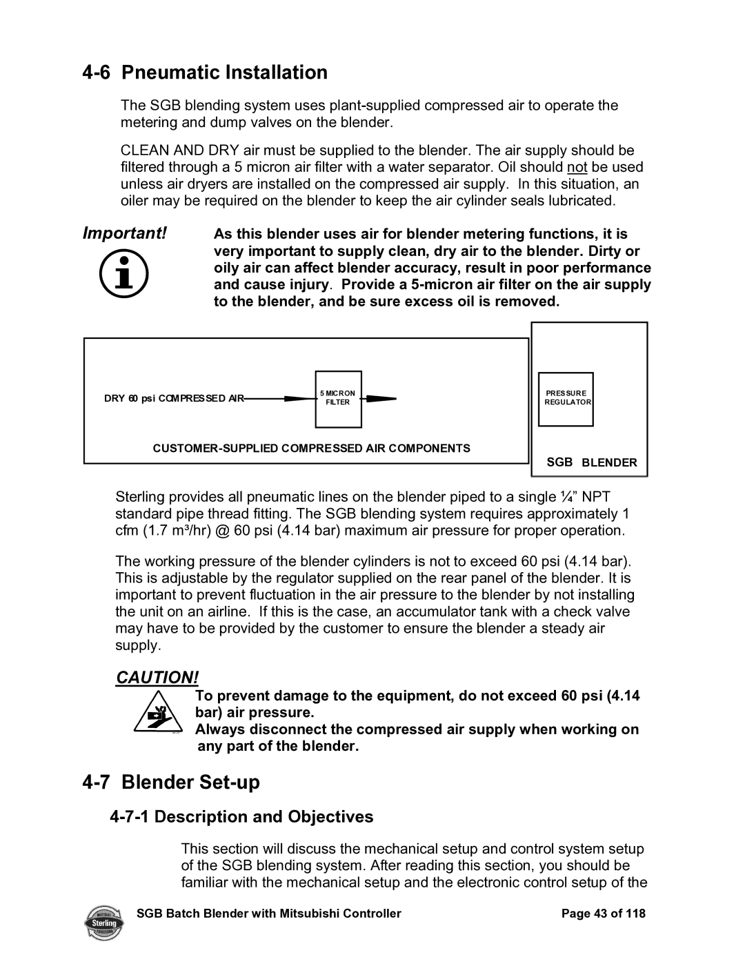 Sterling A0567659 manual Pneumatic Installation, Blender Set-up 