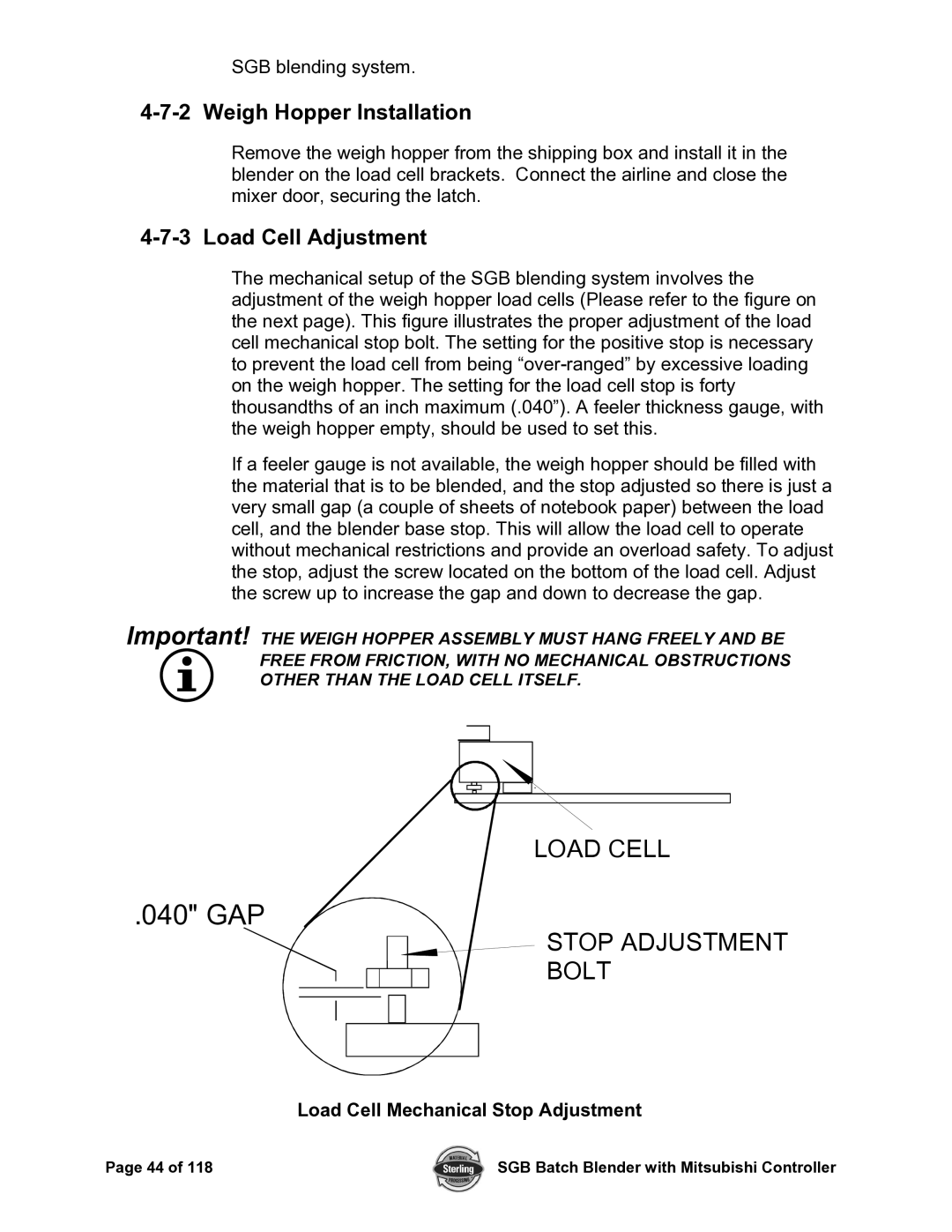 Sterling A0567659 manual Weigh Hopper Installation, Load Cell Adjustment, Load Cell Mechanical Stop Adjustment 