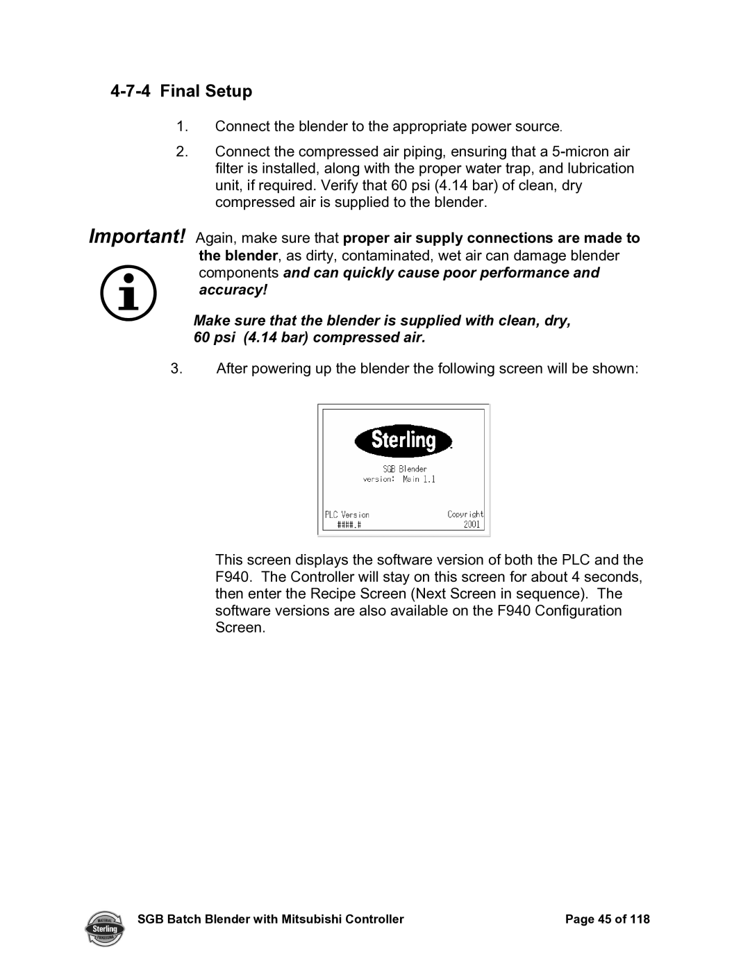 Sterling A0567659 manual Final Setup 