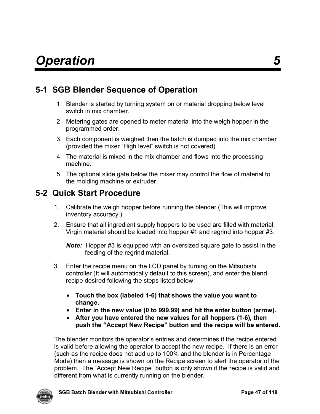 Sterling A0567659 manual SGB Blender Sequence of Operation, Quick Start Procedure 