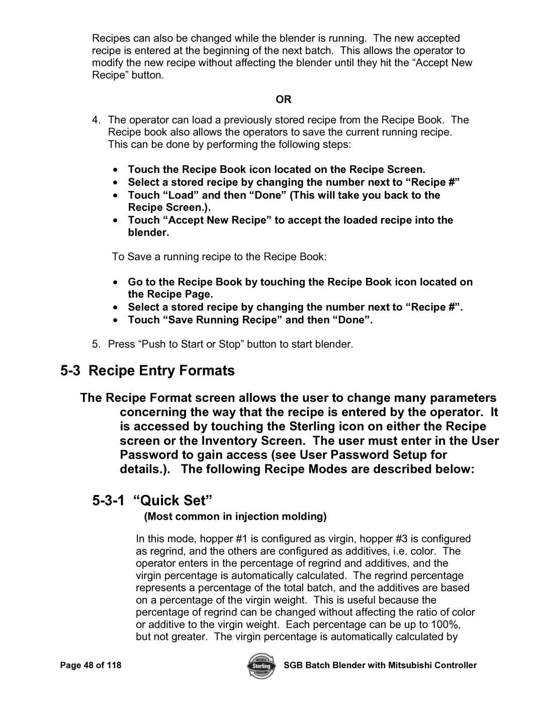 Sterling A0567659 manual Recipe Entry Formats, Quick Set, Most common in injection molding 