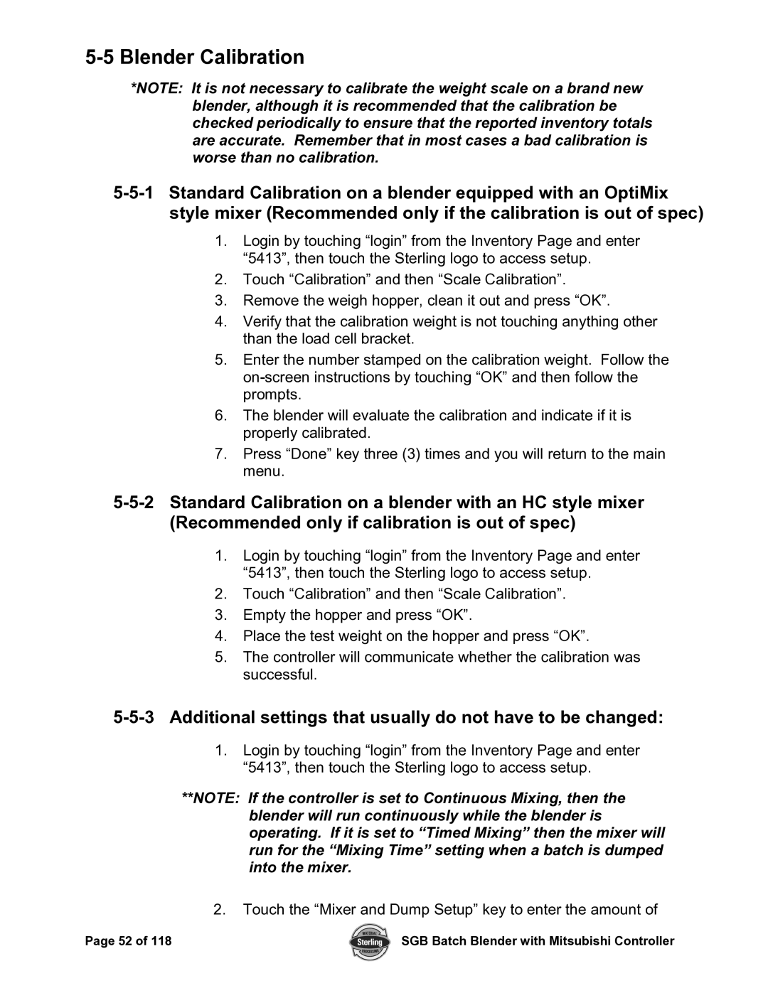 Sterling A0567659 manual Blender Calibration, Additional settings that usually do not have to be changed 