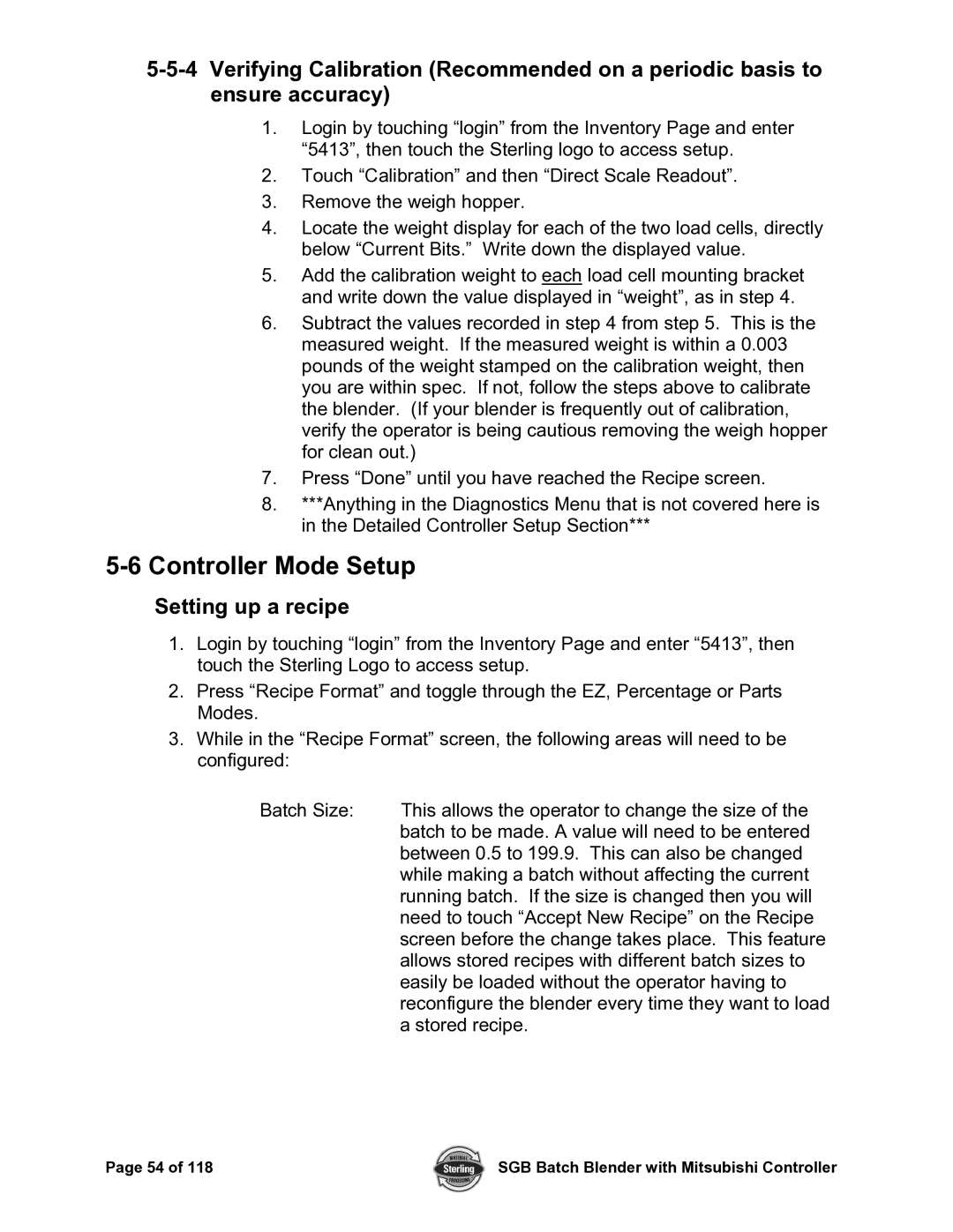 Sterling A0567659 manual Controller Mode Setup, Setting up a recipe 