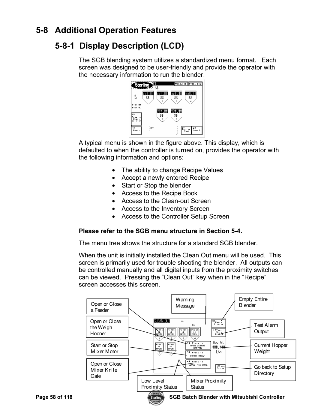 Sterling A0567659 Additional Operation Features Display Description LCD, Please refer to the SGB menu structure in Section 