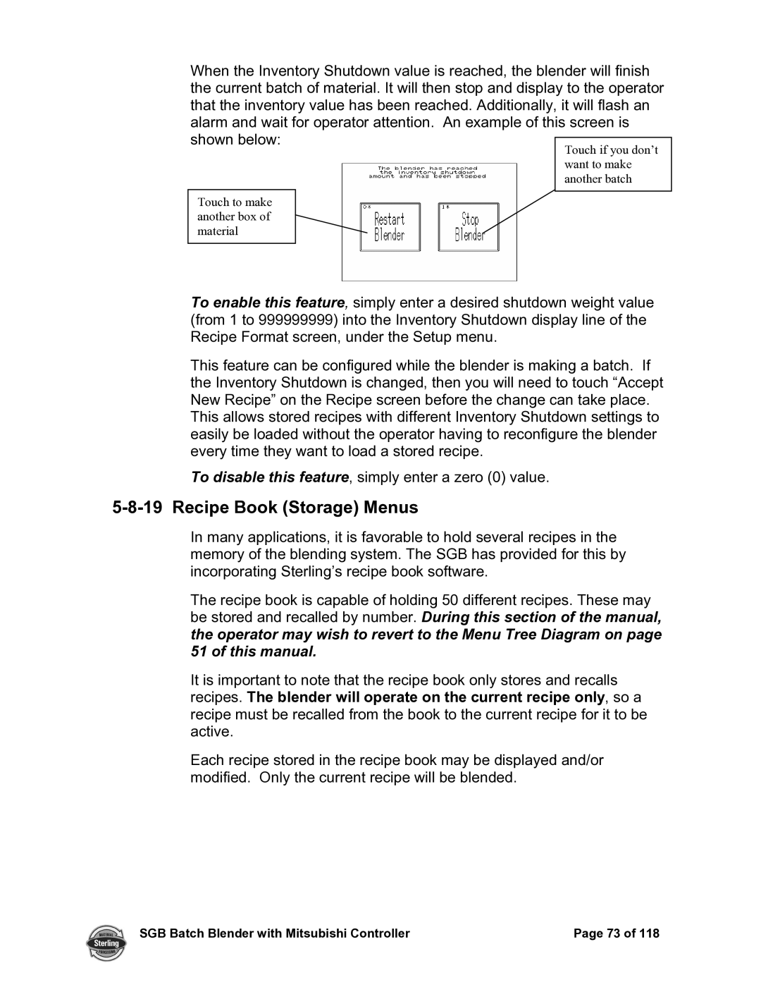 Sterling A0567659 manual Recipe Book Storage Menus 