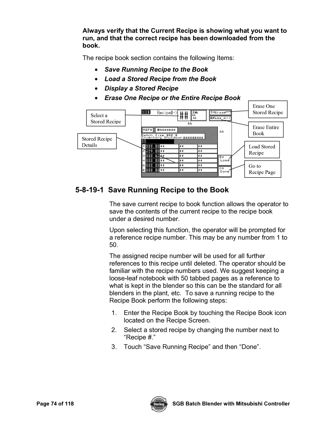 Sterling A0567659 manual Save Running Recipe to the Book 