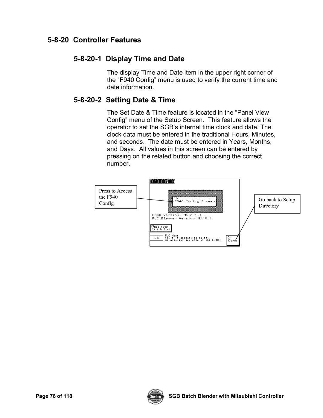 Sterling A0567659 manual Controller Features Display Time and Date, Setting Date & Time 