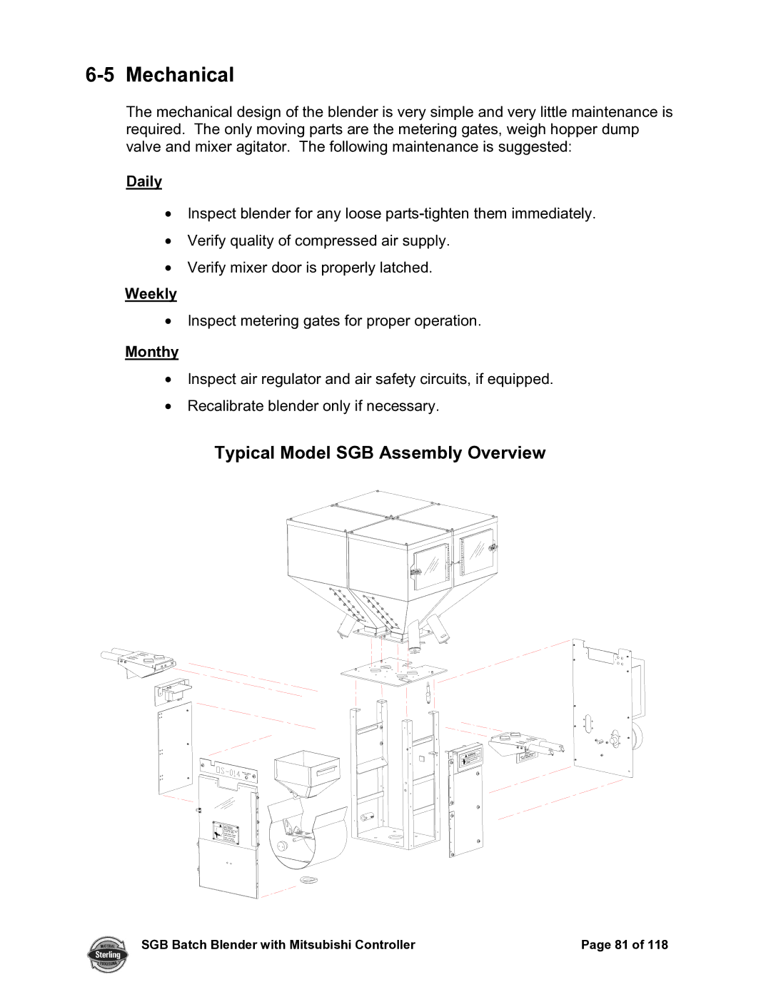 Sterling A0567659 manual Mechanical, Typical Model SGB Assembly Overview, Daily, Weekly, Monthy 