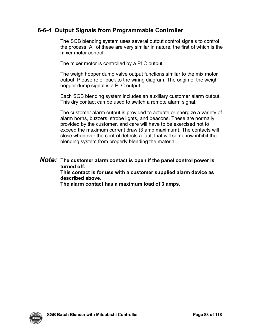 Sterling A0567659 manual Output Signals from Programmable Controller 