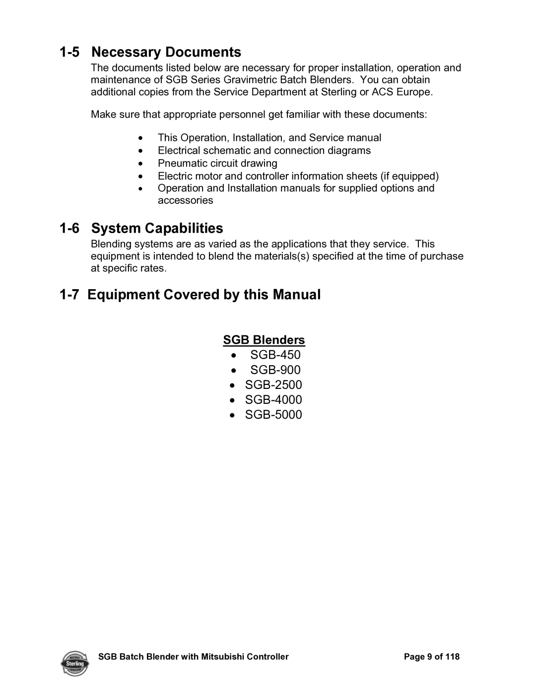 Sterling A0567659 manual Necessary Documents, System Capabilities, Equipment Covered by this Manual, SGB Blenders 