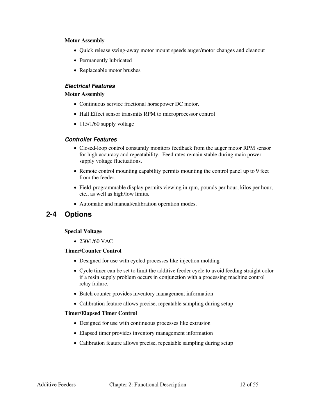 Sterling AF-XXX specifications Options, Electrical Features, Controller Features 