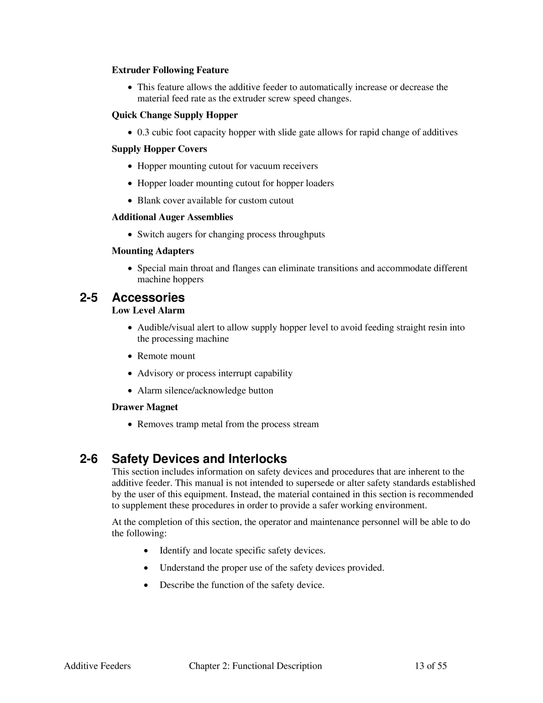 Sterling AF-XXX specifications Accessories, Safety Devices and Interlocks 