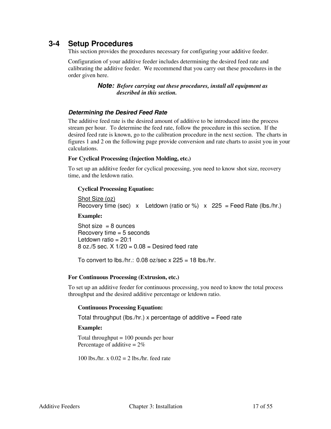 Sterling AF-XXX specifications Setup Procedures, Determining the Desired Feed Rate 