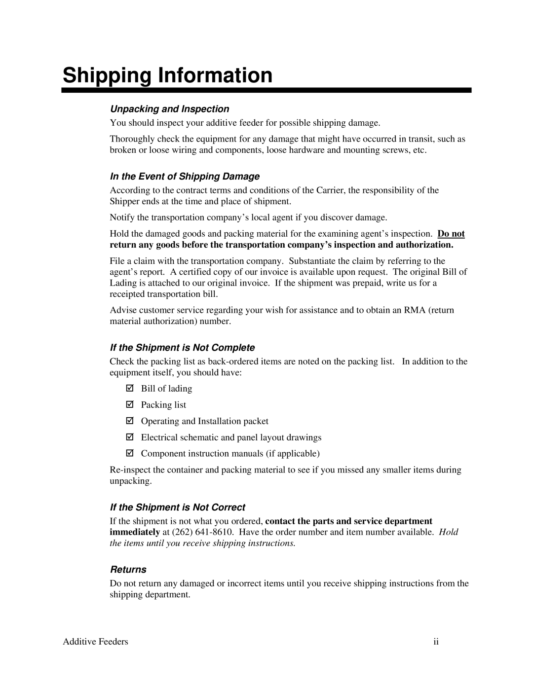 Sterling AF-XXX specifications Shipping Information 