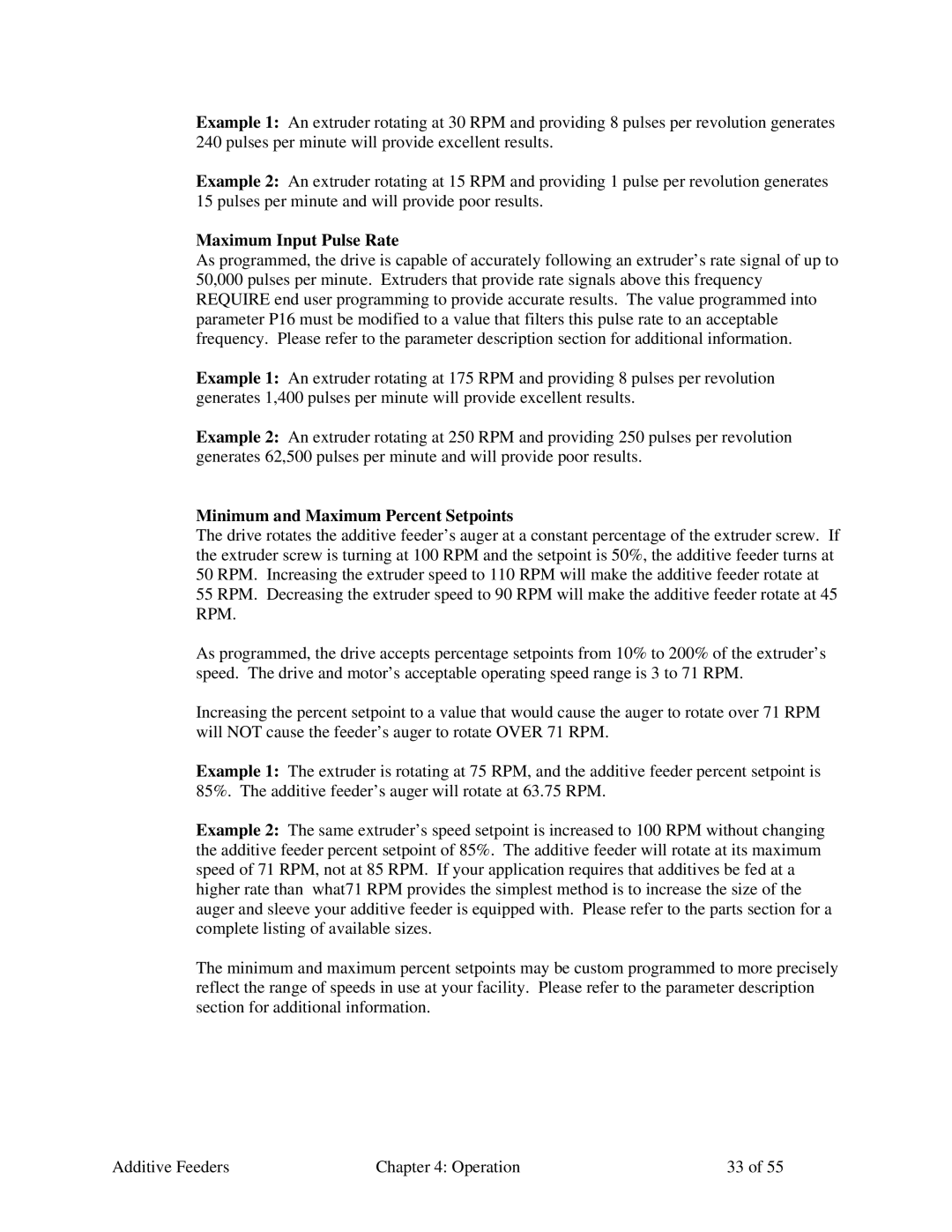 Sterling AF-XXX specifications Maximum Input Pulse Rate, Minimum and Maximum Percent Setpoints 