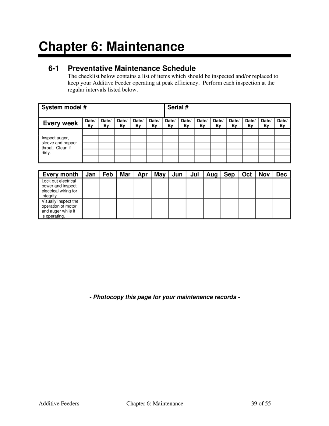 Sterling AF-XXX specifications Preventative Maintenance Schedule, Photocopy this page for your maintenance records 