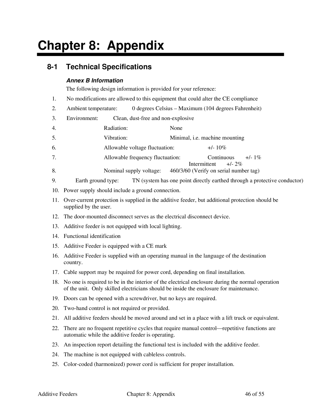 Sterling AF-XXX specifications Appendix, Technical Specifications, Annex B Information 